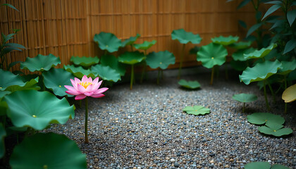 Pink Lotus Flower Blooming in Zen Garden with Green Lotus Leaves and Wooden Fence
