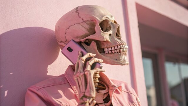 A human skeleton using a smartphone urban setting lifestyle imagery playful environment side view humorous concept