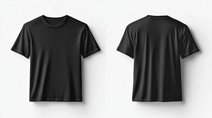 A simple black t-shirt displayed from both front and back perspectives, highlighting its design and fabric texture.