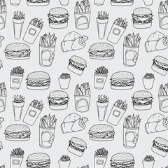 Seamless fast food pattern with burgers, fries, and wraps in line art, seamless pattern, royalty free stock.