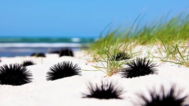 Black sea urchins on a sandy beach with green grass