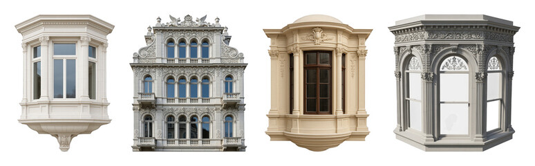 Obraz premium Ornate architectural elements set including bay windows, classical facades, and decorative windows isolated. European building design components.