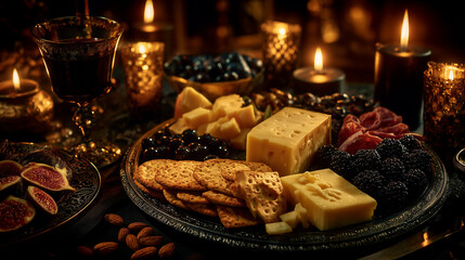 Fototapeta premium Charcuterie board with assorted cheeses, crackers, olives, figs, and nuts, elegant party setup