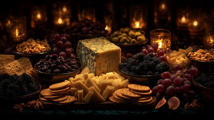 Charcuterie board with assorted cheeses, crackers, olives, figs, and nuts, elegant party setup