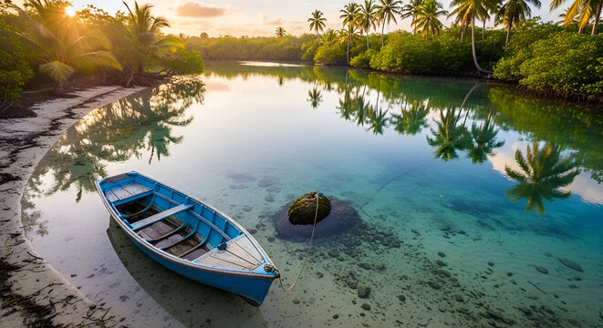 Aerial view of a single kayak lying on crystal clear shallow water