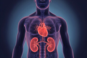 Human body internal anatomy shows heart and kidney organs. This medical biology illustration highlights vital systems for study.