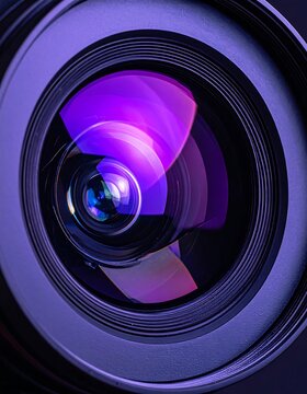 Close-up view of a camera lens, showcasing intricate details and vibrant purple hues.