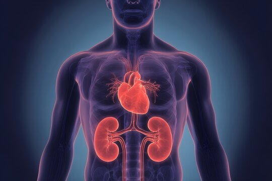 Human body internal anatomy shows heart and kidney organs. This medical biology illustration highlights vital systems for study.