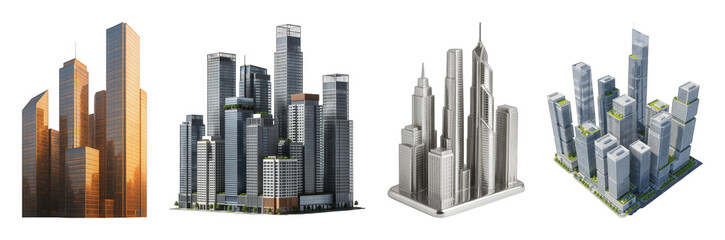 Fototapeta premium Skyscraper buildings set including modern, metallic, golden glass, and green roof styles isolated. Architecture and urban planning collection.