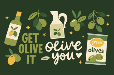 Olive You Pun Illustration. Retro Olive Oil Artwork. Vintage Green Olives Poster. Funny Food Quote Graphic.