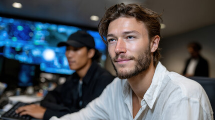 Two men engage in high-tech analysis within a control room, showcasing a contemporary work environment centered on technology and collaboration for a progressive future.