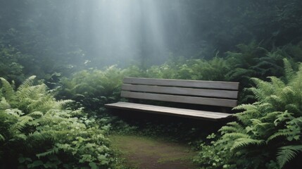 Obraz premium Serene forest bench surrounded by lush greenery and sunlight used in emotional visuals and nostalgic natural settings