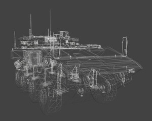 Obraz premium Battle Tank blueprint in detailed 3D wireframe model, showcasing armored personnel carrier components on gray background.
