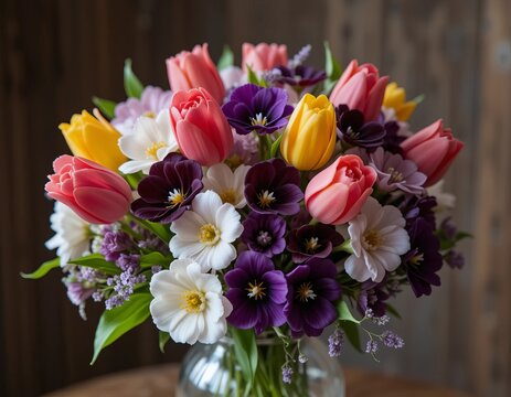 Vibrant bouquet of colorful tulips and delicate wildflowers bursting with spring joy - Powered by Adobe