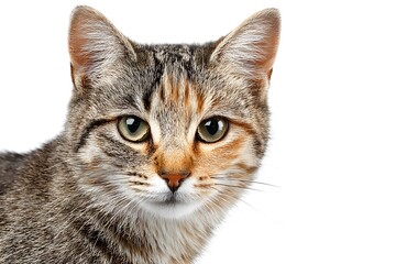 A domestic tabby cat with a striped fur pattern gazes forward. Its head is isolated on a clean white background.