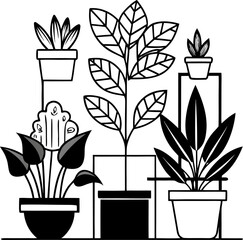 Indoor plants vector line art icon black and white , white background