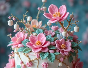 Delicate pastel flowers artfully adorn a celebratory cake, perfect for special occasions.