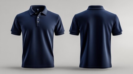 A navy blue polo shirt is displayed from the front and back, showcasing its design, buttons, and short sleeves on a neutral background.
