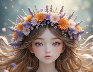 Naklejka premium Young girl wearing a vibrant floral crown, with soft light and gentle bokeh