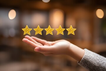 Close-up of woman holding five golden stars in hand, symbolizing excellent customer service and high quality rating