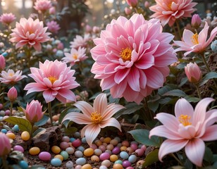 Delicate pink dahlias bloom amidst colorful pastel Easter eggs in a soft garden setting.