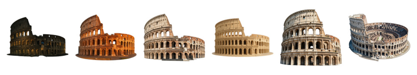 Fototapeta premium Roman Colosseum set including day, night, sunset, and aerial views from various angles isolated. Ancient Roman architecture.