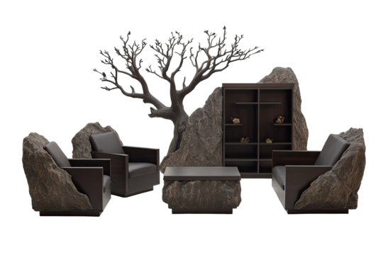 Dark, sculpted rock furniture arrangement with bonsai