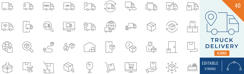 Truck delivery icon collection set. Editable stroke.