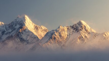 Majestic snow capped mountain peaks emerging from misty clouds at sunset