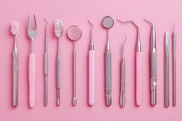 Set of professional dental tools with pink handles neatly arranged on pastel pink background