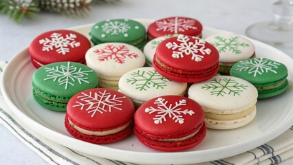 Fototapeta premium Create festive christmas macarons in red green and white with snowflake patterns for holiday celebrations at home