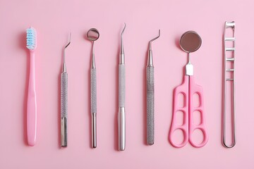 Set of professional dental tools with pink handles neatly arranged on pastel pink background