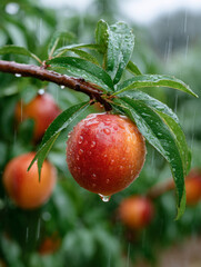 Obraz premium Close-up of ripe peach with water droplets on a branch.