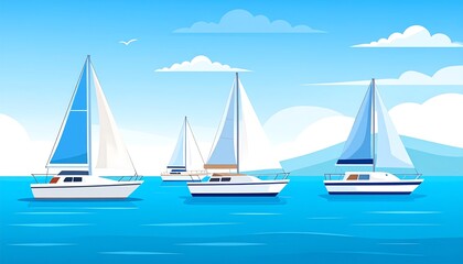 Fototapeta premium Three sailboats glide across a tranquil ocean under a vibrant blue sky.