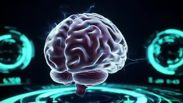 Futuristic Digital Brain Interface with Glowing Circuits and Data Streams.