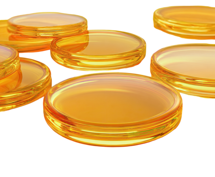 Group of glossy, golden-orange discs, stacked and overlapping.  3D rendered illustration of circular, translucent objects