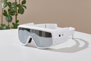 stylish pair of futuristic glasses with integrated interface lies on clean surface reflecting in nearby mirror
