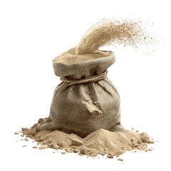 Png of burlap sack overflowing with sand isolated on transparent background, creating a dynamic and textured composition with a rustic aesthetic