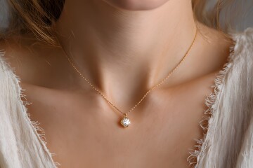 Elegant gold necklace with round engraved pendant worn by woman, close-up on neckline in soft natural light
