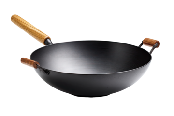 Empty black wok with wooden handles
