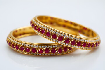 Elegant gold bangles with red gemstones and diamond accents displayed on white marble surface