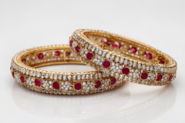 Elegant gold bangles with red gemstones and diamond accents displayed on white marble surface