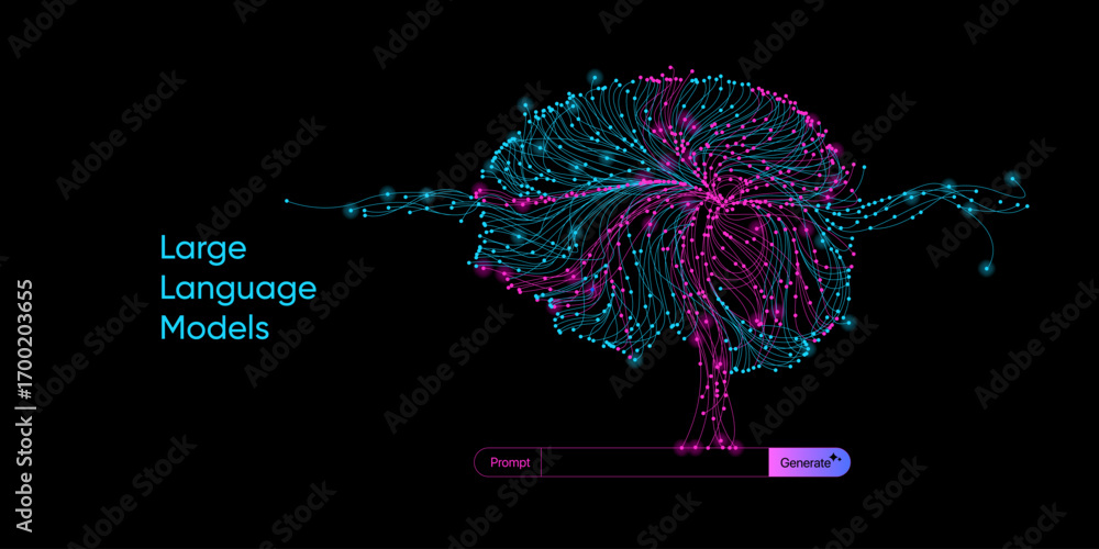 Poster illustration of abstract stream. artificial intelligence. big data, technology, ai, data transfer, d