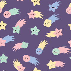 Seamless pattern with cute smiling comets and stars on a purple background, seamless pattern, royalty stock.