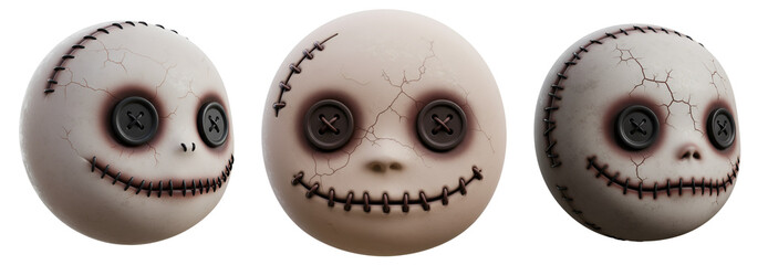 Eerie cracked doll faces with button eyes and stitched smiles evoke a creepy, unsettling, yet captivating Halloween vibe with transparent background