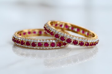 Elegant gold bangles with red gemstones and diamond accents displayed on white marble surface