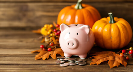 Fall Savings with Pink Piggy Bank Pumpkins and Coins on Wooden Table for Holiday Finance