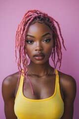 Fototapeta premium Portrait of a confident African woman with vibrant pink hair against a purple background wearing a yellow top
