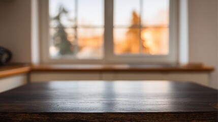 polished. Close-up of polished wooden table surface with soft morning light through a blurred kitchen window in warm natural tones. lifestyle magazines.