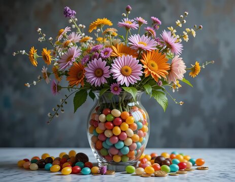 Vibrant bouquet of colorful flowers in a vase filled with jelly beans, a sweet and cheerful spring arrangement.